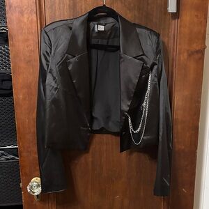 Divided Black Satin Blazer with Chain Accent
